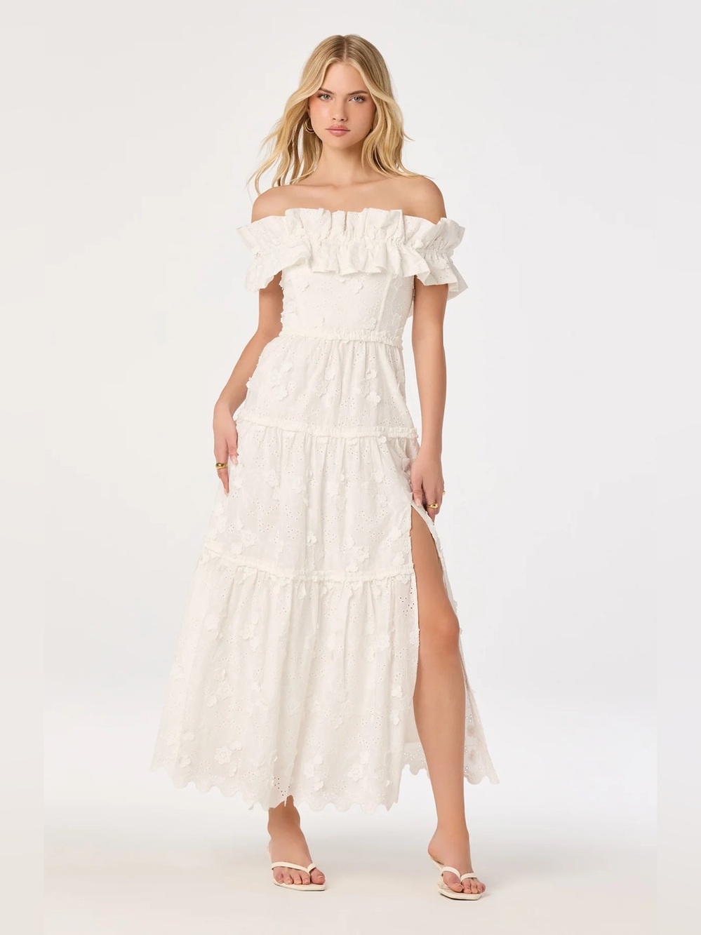 NWT ASTR The Label White Off-the-Shoulder Eyelet Maxi Dress with Ruffle Trim